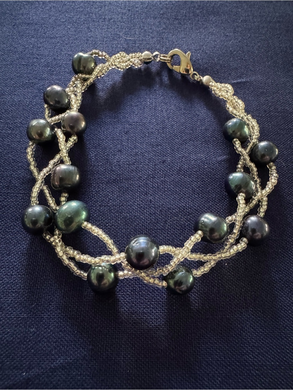 Handcrafted Black Pearl and Silver Bead Twisted Bracelet